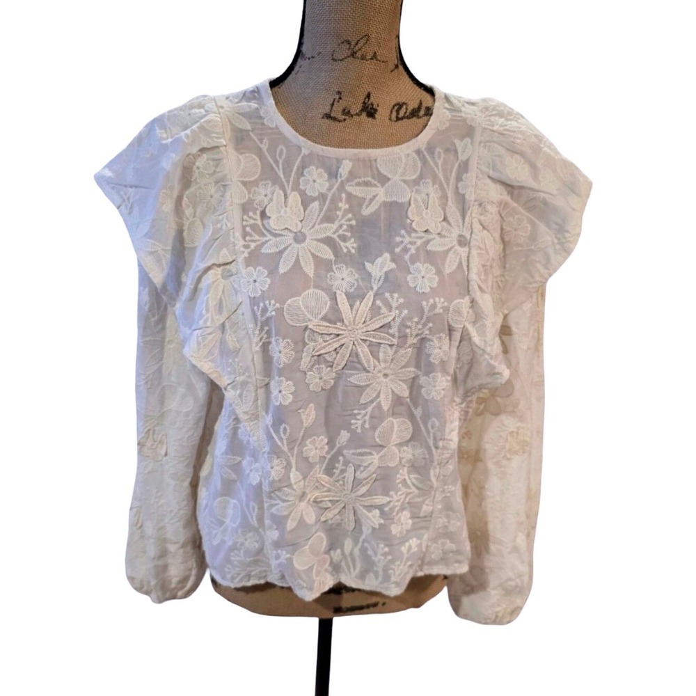 Ultra Pink Ruffled Cream 3D Floral Embroidered Slightly Sheer Blouse Top Size L
